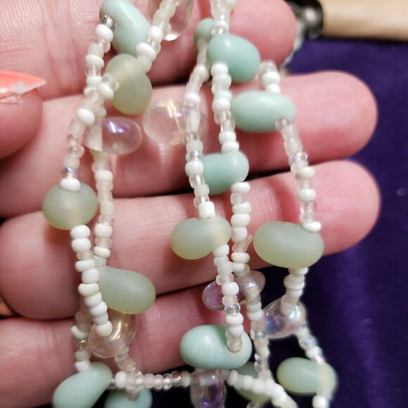 5 Layer Necklace Mint Green & Iridescent Clear Jellybean Shaped & Seed Beads - Picture 10 of 11